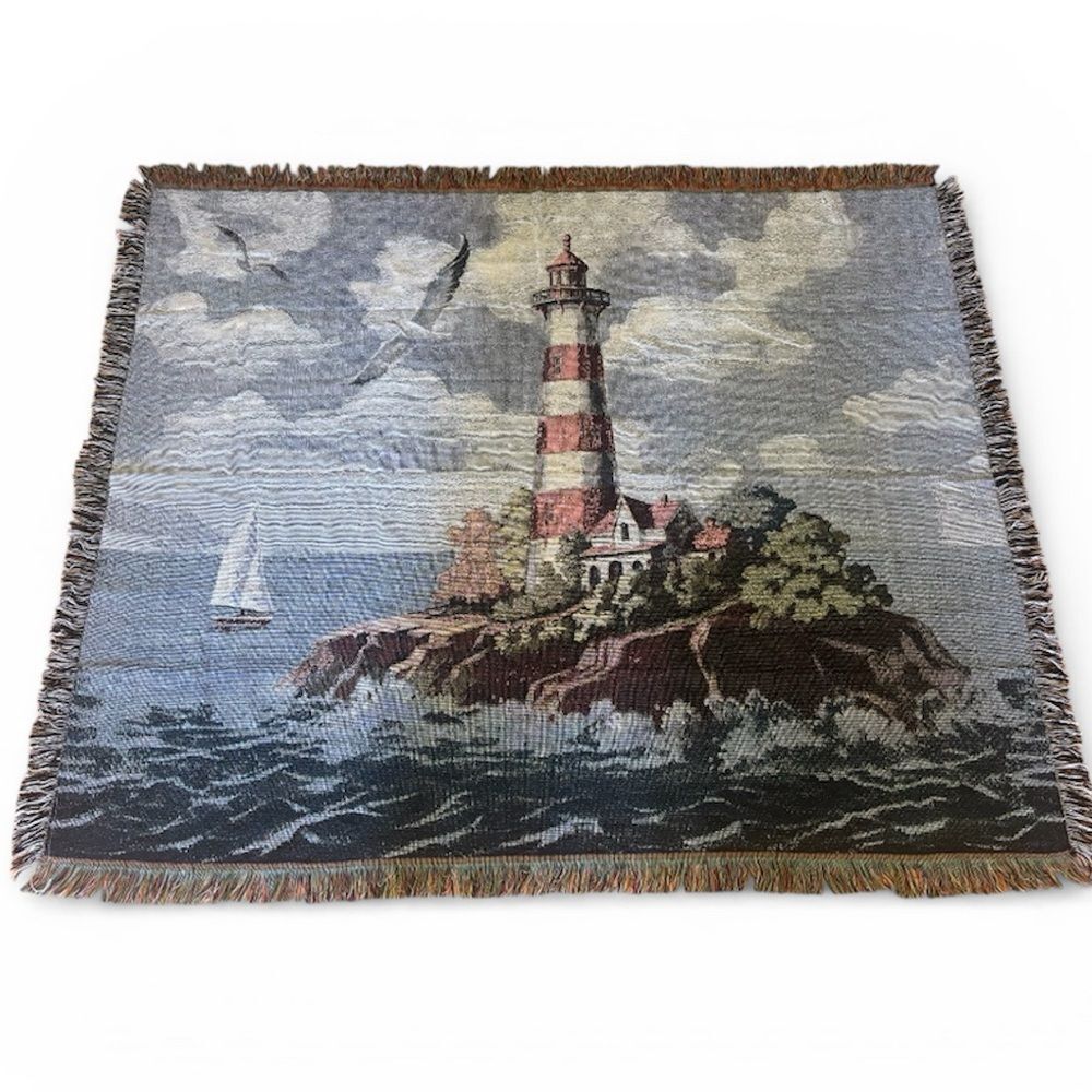 Lighthouse Tapestry Wall Hanging - Blue, grey red 60” X 50”